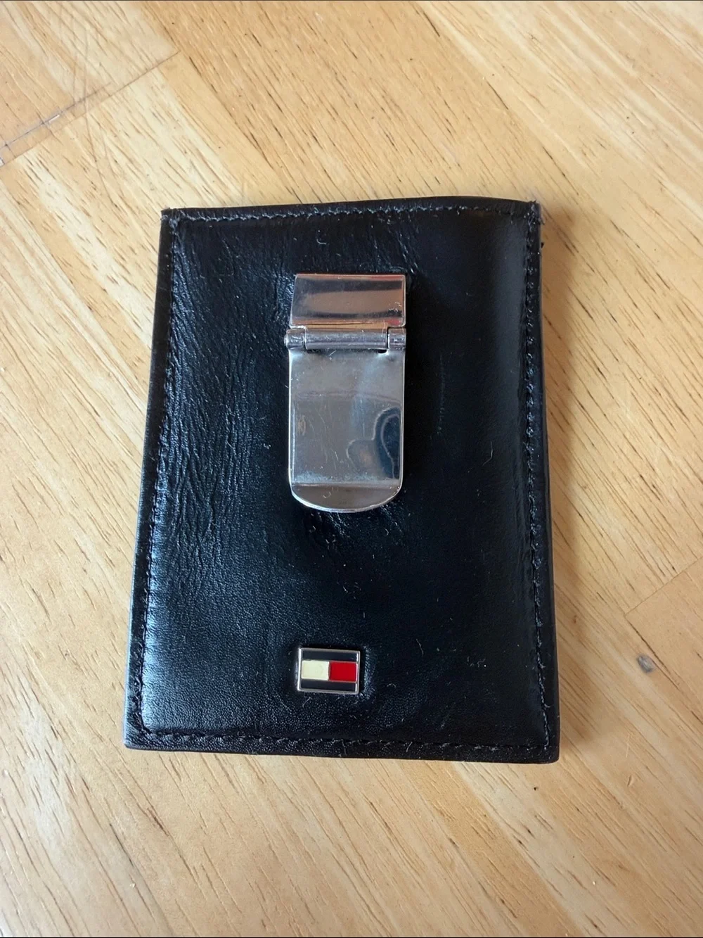 Tommy Hilfiger Black Leather Money Clip Card Holder with Flag Accent